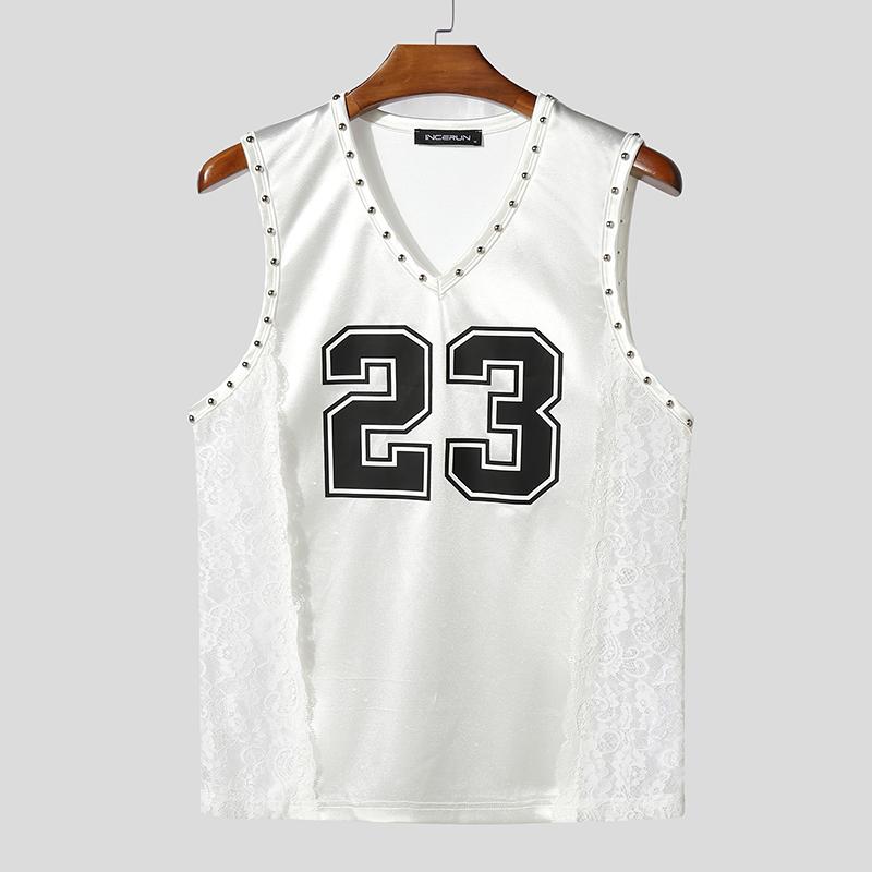 INCERUN Men V Neck Sleeveless Letter Print Lace Patchwork Casual Tank Tops