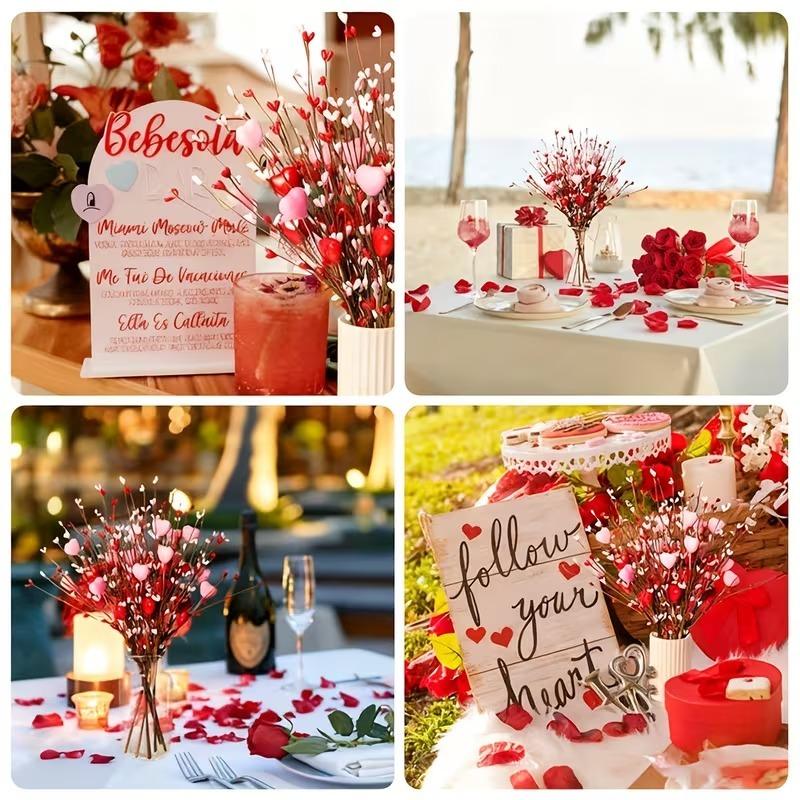 1-10PCS Valentines Artificial Flowers Red Realistic Heart Shape Berry Bead Stems DIY Decor Tabletop Party Home Decoration