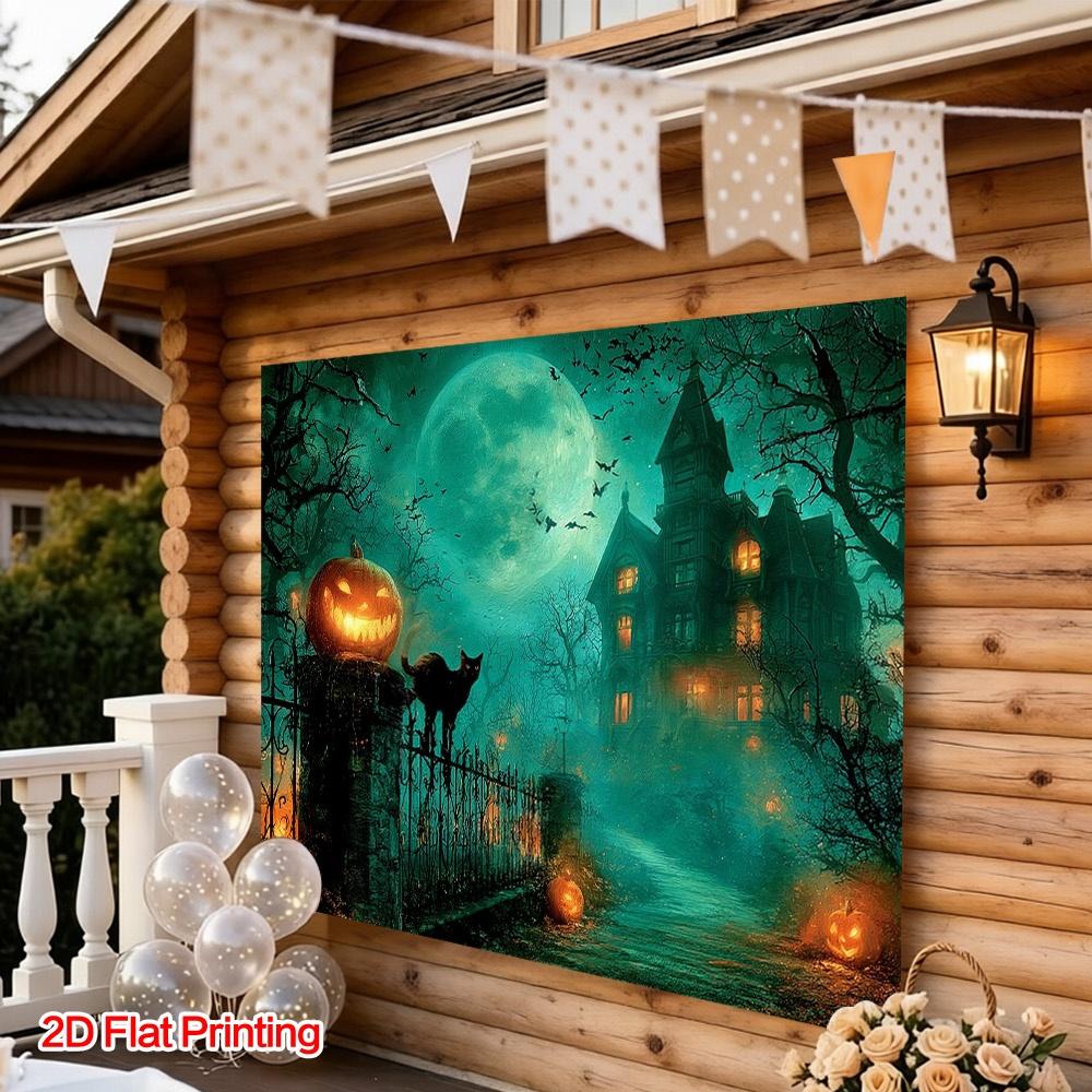 1 Piece of 2D Flat Surface. Halloween Haunted House Scene Photography Background, Polyester Fabric, for Home Use.