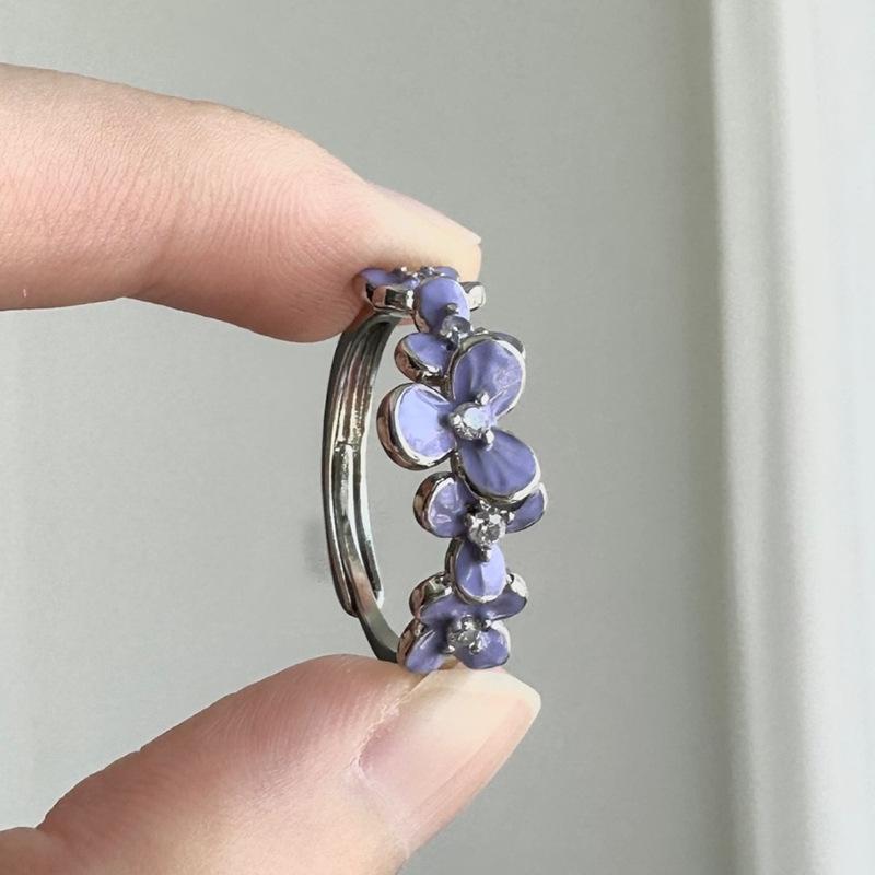 Vintage enamel wisteria flower inlaid diamond ring fine pastoral style adjustable ring charms Party Banquet  gifts