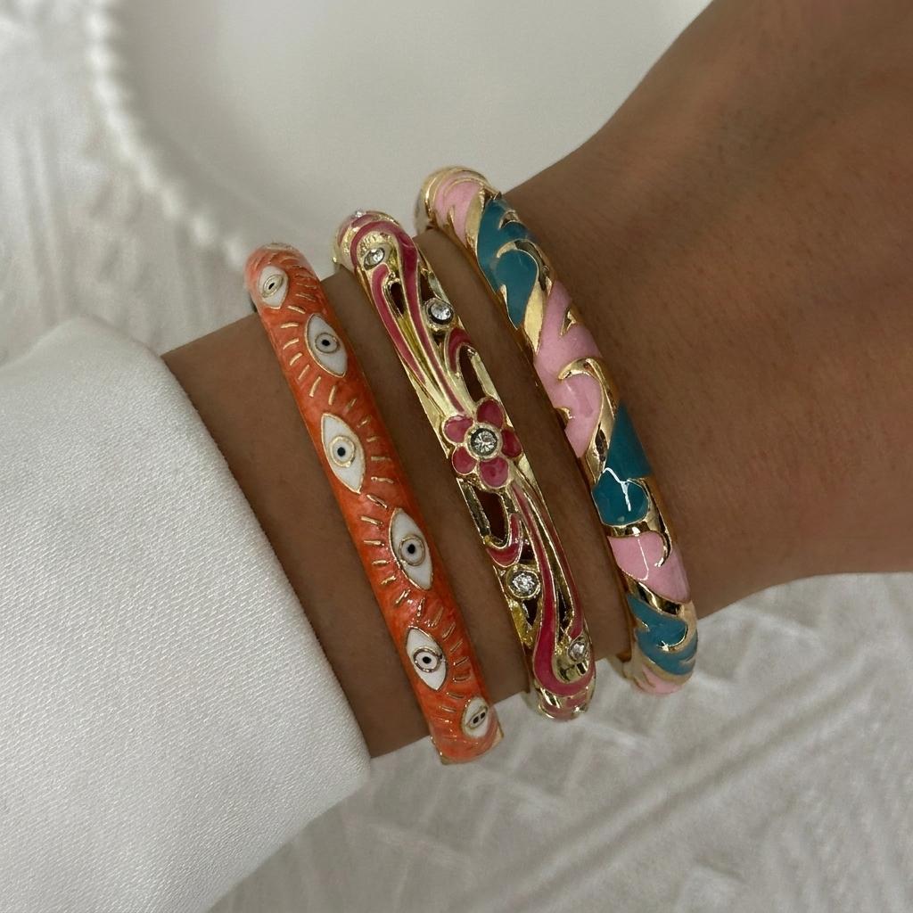 Boho Ethnic Style Multicolor Enamel Flower Zircon Bracelet For Women Gold Color Luxury Leaf Metal Texture Bangle Party Jewelry