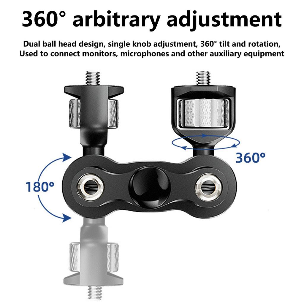 Metal Mount Arm 360 Degree Rotation Double Ballheads 1/4in Screw Mount for Camera and Lighting Equipment