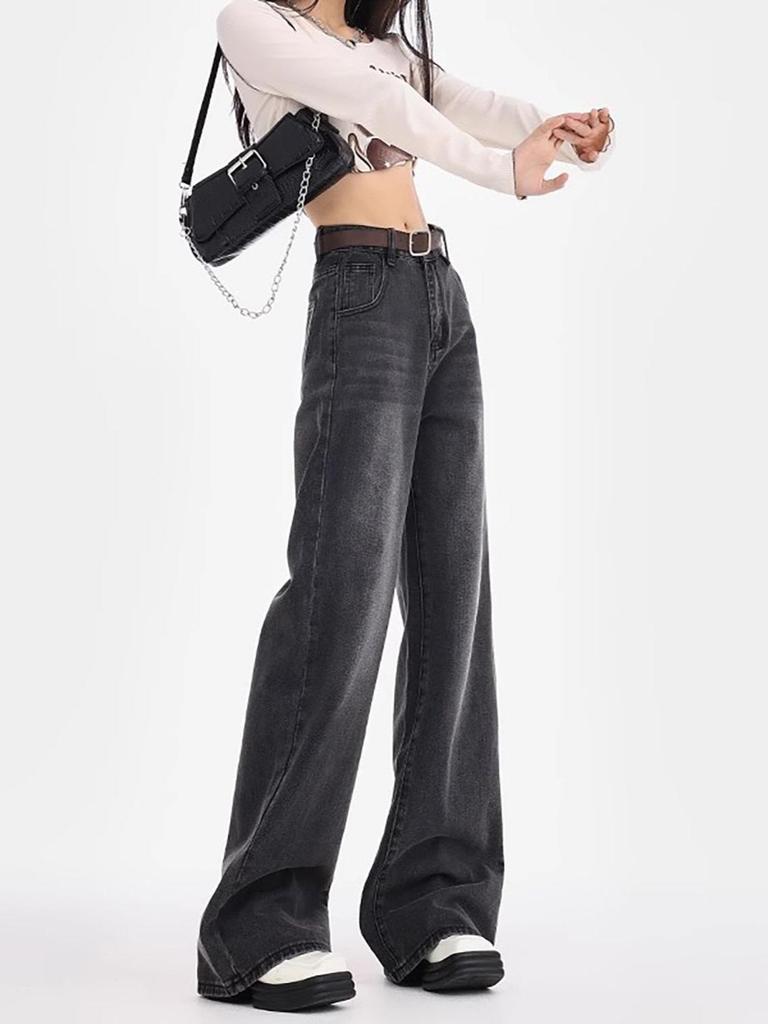 Women's High-Waisted Black-Gray Straight-Leg Jeans - Loose Slimming Wide-Leg Pants for Spring & Autumn 2025