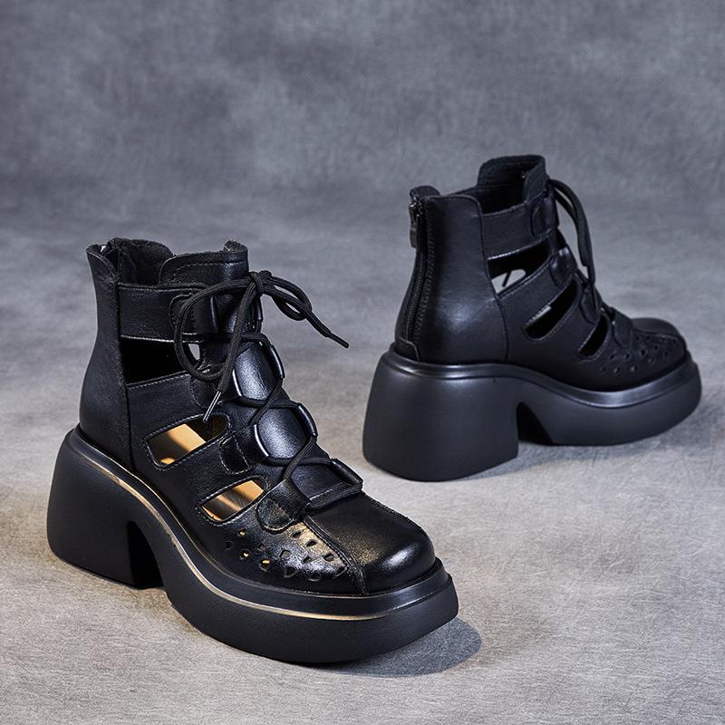 

Первый слой коровьей кожи крутые ботинки женские лето 2025 новые ретро полые сандалии на платформе женские римские сетчатые ботинки женские ботинки 35 чёрный