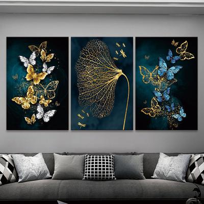Nordic Gold Blue Butterfly Leaf Gilt Picture Wall Poster Modern Style Canvas Print Painting Art Aisle Living Room Bedroom Decor