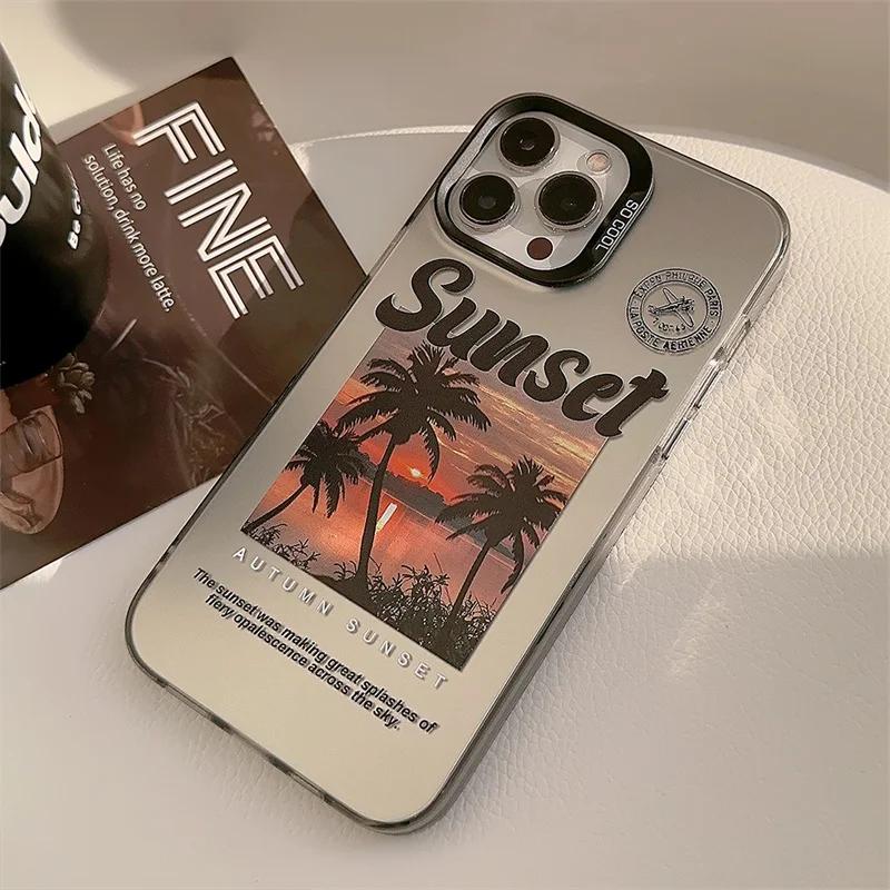 Sunset Coconut Tree Scenery Laser Phone Case For iPhone 16 15 14 13 12 11 Pro Max XS XR X 7 8 Plus SE  Shockproof Hard Cover