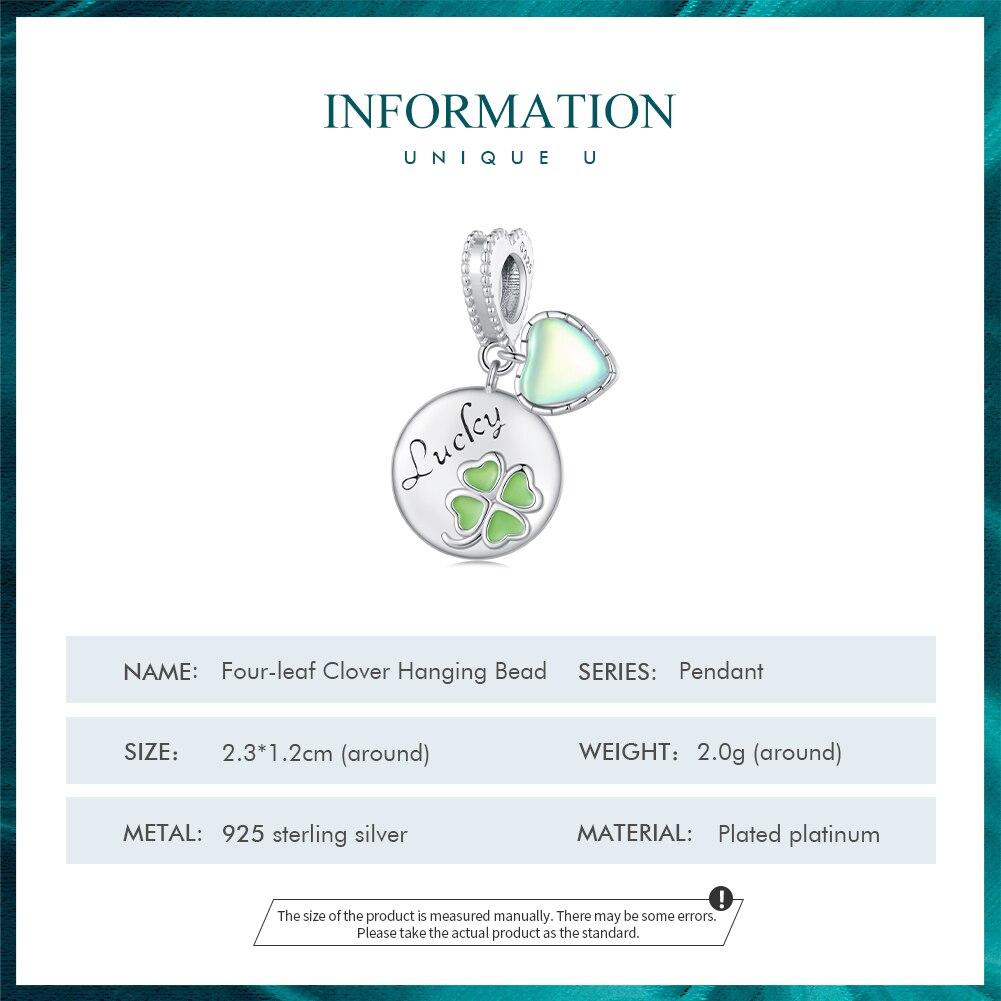 Bamoer 925 Sterling Silver Four-leaf Clover Hanging Bead Green Heart Pendant Charms for Women Bracelet DIY Fine Jewelry
