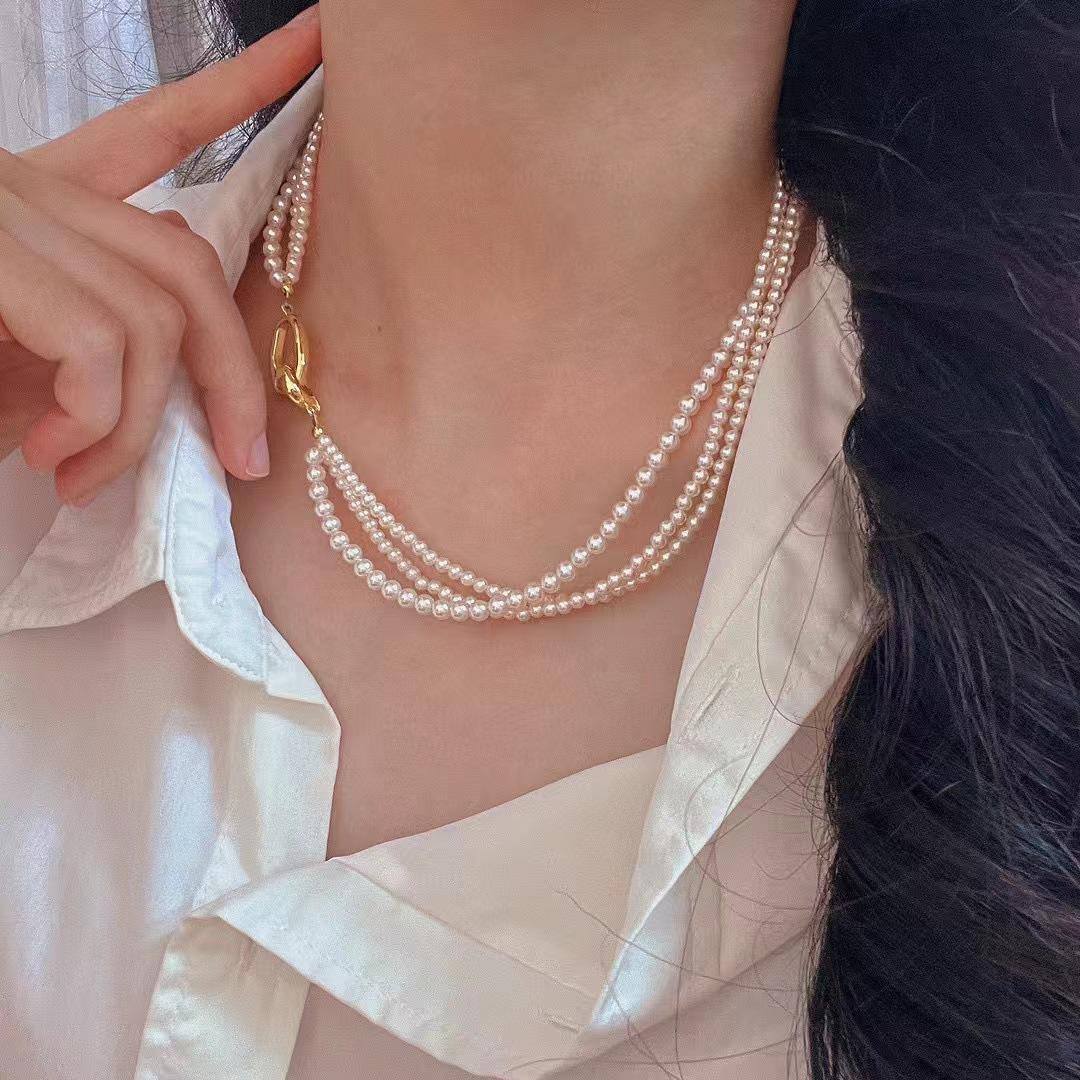 Vintage High-Gloss Perfect Circle Artificial Pearl Necklace Multi-Layer Winding Collarbone Chain Necklace