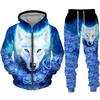 Men's Zipper Hoodie Set 3D Printed Animal Wolf Sportswear/Pants Casual Street Long Sleeve Loose Spring Autumn 2 Piece Set