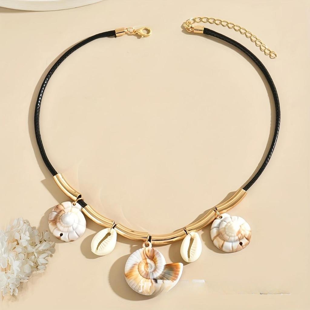 Trendy leopard print resin white shell splicing round multi-pendant fashion necklace jewelry