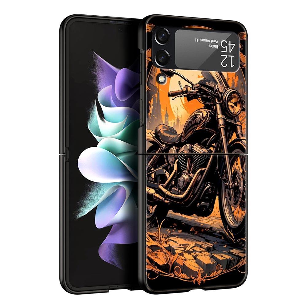 

Colors Vintage Motorcycle Painted Hard PC Phone Case For Samsung Galaxy Z Flip 7 6 5 4 Black Cover For Galaxy Z Flip 3 Foldable Z Flip 5