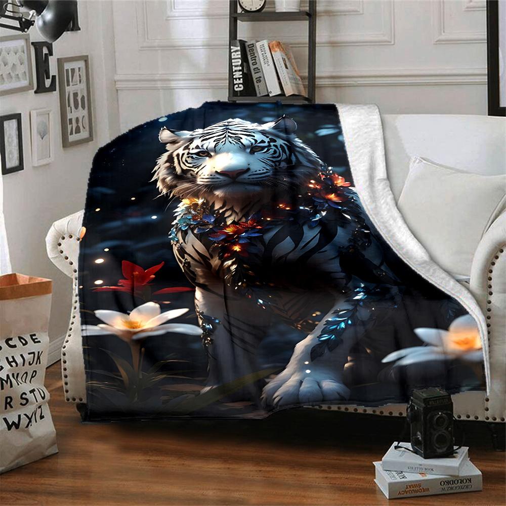 1pc White Tiger Print Blanket Lightweight Flannel Blanket Throw Blanket For Sofa, Bed, Travel, Camping, Livingroom, Couch, Chair, And Bed yy2509026222
