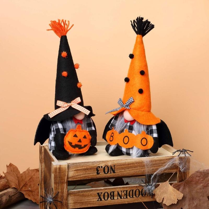 Cute Halloween Gnomes Figurine With Bat Wing and Pumpkin Design Plush Doll for Home Party Shop Desktop Shelf Decors
