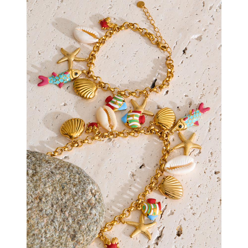 Yhpup Ocean Series Enamel Fish Shell Starfish Drop Charm Necklace Bracelet Bangle Summer Stainless Steel Chain Holiday Jewelry