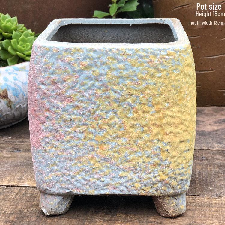 Yixing Handmade Square Mouth Coarse Pottery Planter - Large Succulent Flower Pot with Old Branch Design and Jade Pendant.