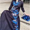 Spring and Autumn Women's Print Dress Plus Size Pleated Long dress Slim Design Sense High Stretch Long A-Line Dress
