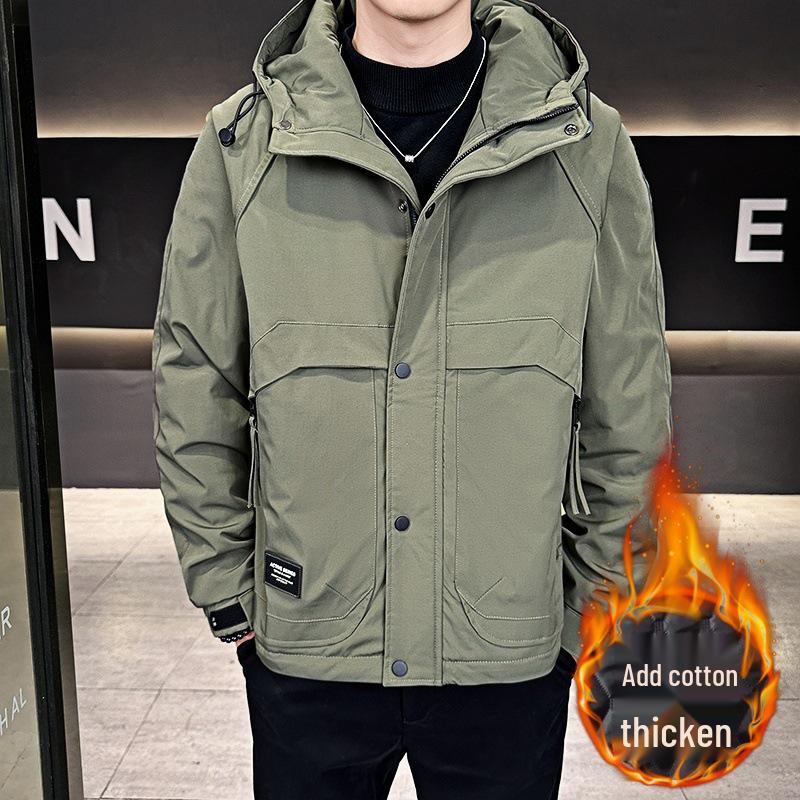 

2025 Men s Korean Style Stand Collar Hooded Jacket - Spring & Autumn Casual Solid Color, Plus Cotton for Middle-Aged & Young M зелений