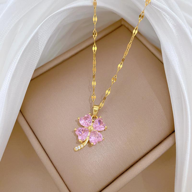 Simple Lucky Colorful Zircon Clover Pendant Necklace for Women Girls Stainless Steel Chain Jewelry Gold Color Accessories Gifts