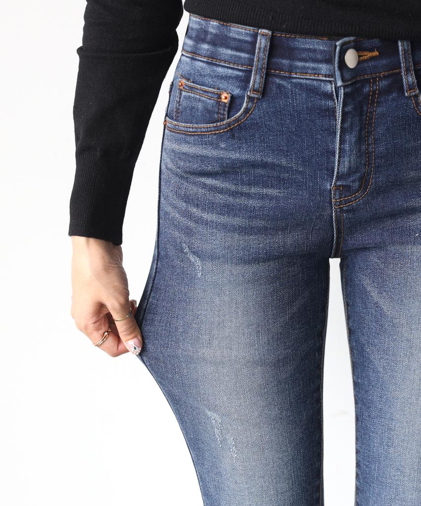 Jikeulib Double-Weave Brushed Fleece Secret Elastic Waist Cut-Off Hem Stretch Jeans