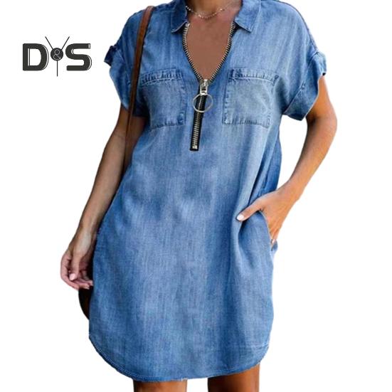 

Женское мини-платье с декором на молнии с лацканами с короткими рукавами и накладными карманами, нерегулярный подол, однотонное свободное платье длиной выше колена, повседневное женское летнее платье L темно-синий
