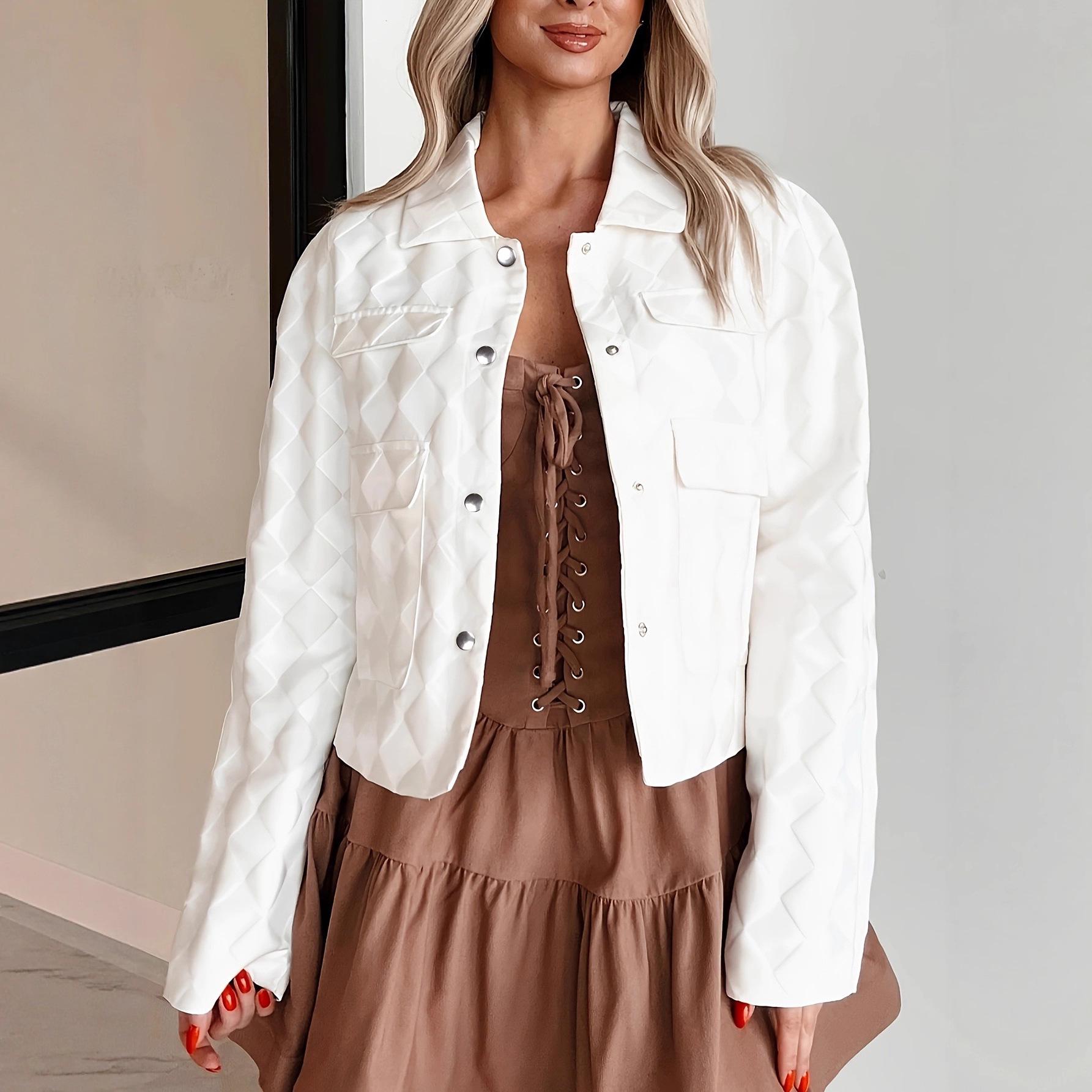 

Женская модная жаккардовая куртка с отложным воротником - Свободная повседневная верхняя одежда S белый