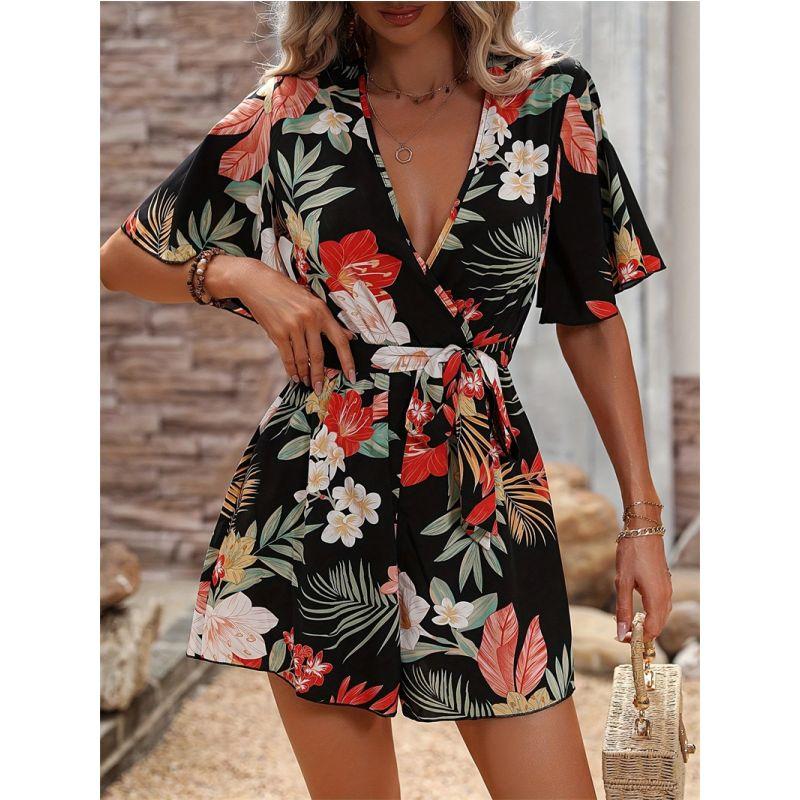 Summer Women Jumpsuit Ladies Clothes Ruffle Sleeve Belt Short Pantskirt Jumpsuit Women