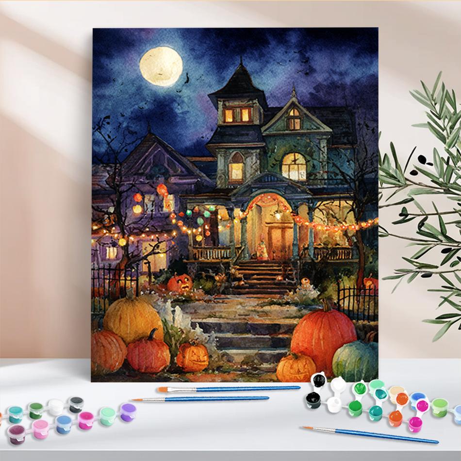 1pc Picture With Numbers Pumpkin Dark House Halloween Gift Picture Drawing Coloring For Home Decor By Number Kits 40x50cm/16x20inch Without Frame