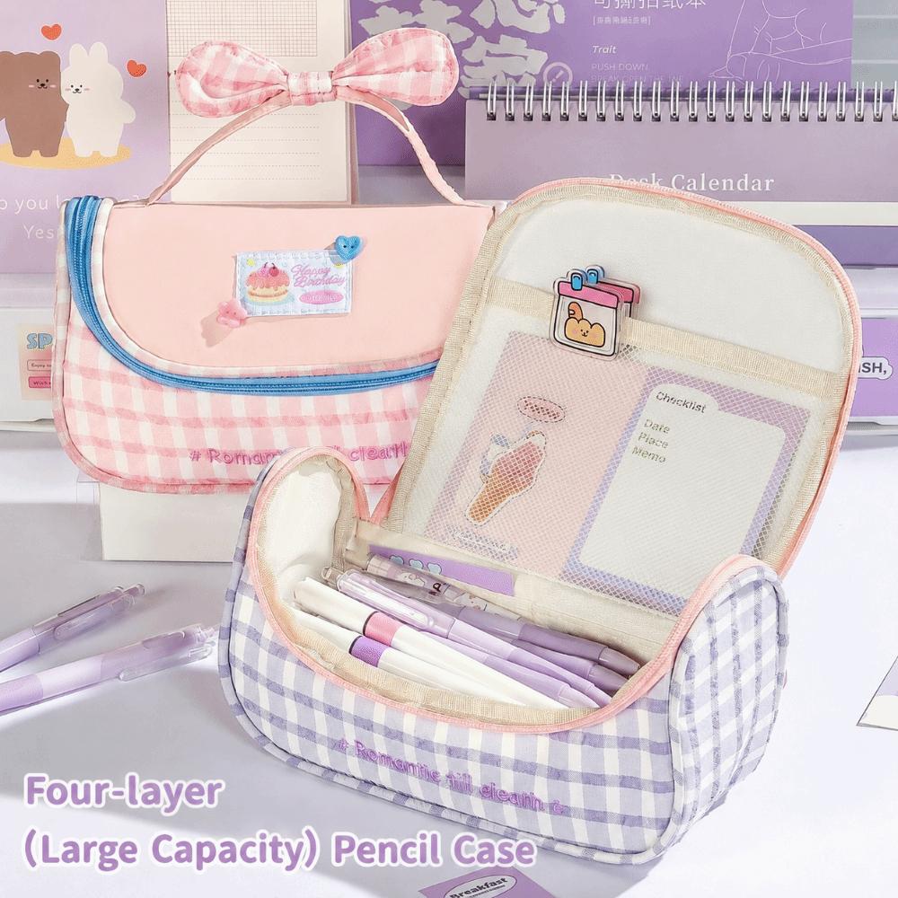 Gingham Print Stationery Bag Bow Handle Pencil Pouch Multi-Functional Pencil Case  Students