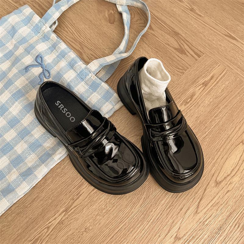 British style platform small leather shoes women's shoes spring and autumn fashion versatile height increase single shoes black one-pedal thick heel
