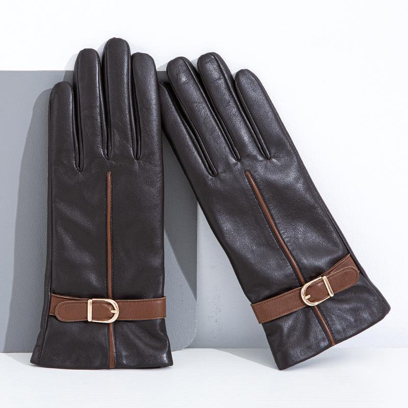 Fashionable Sheepskin Colored Genuine Leather Gloves for Women with Touch Screens  Warm and Fleece Clothing Gloves for Driving In Autumn and Winter