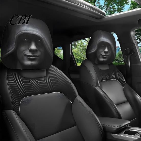 Universal Fit Auto Accessories 2PCS Car Headrest Cover with Scary Face Printing, Breathable Stretch Knitted Knit Fabric Dust Cover, Halloween