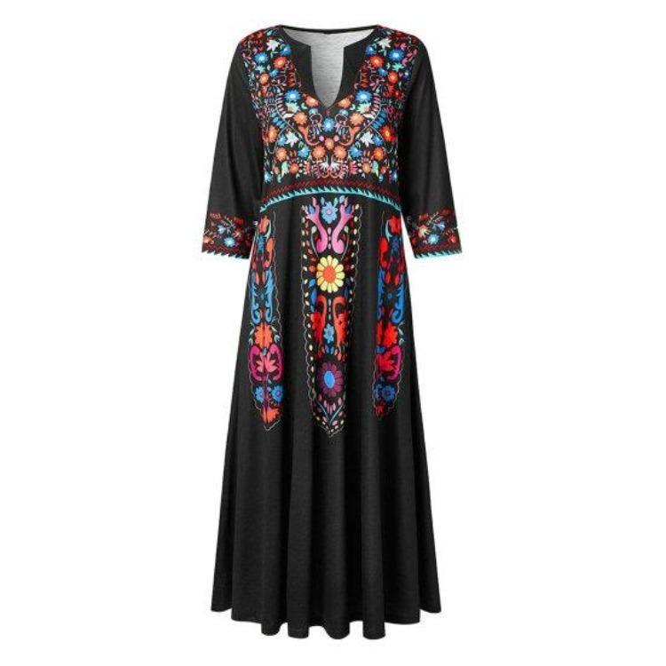 Plus Size Bohemian Dress Sexy V Neck Three Quarter Sleeves Loose Hem with Pockets Retro A Line Ethnic Print
