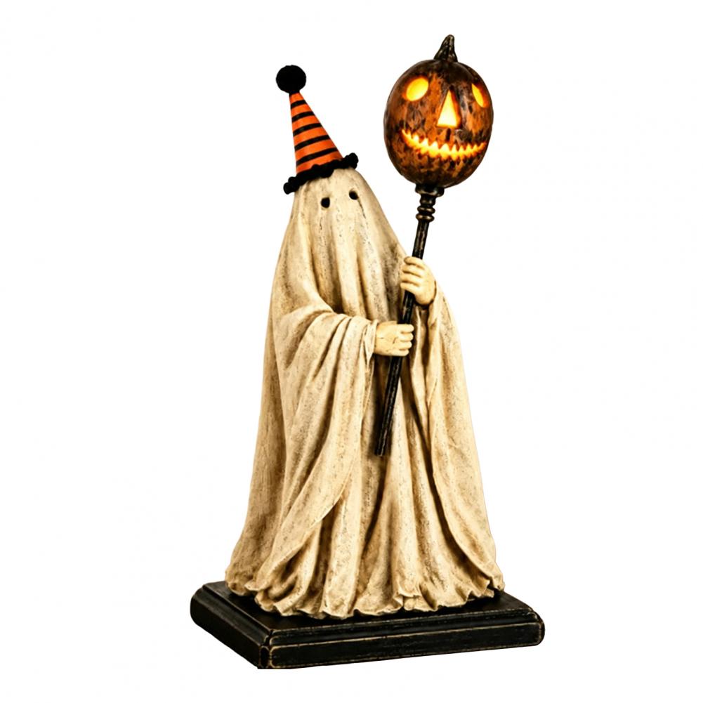 Halloween Pumpkin Lantern Resin Vintage Halloween Ghost Figurine Ornament With Led Pumpkin Scepter Resin Ghost 1pc