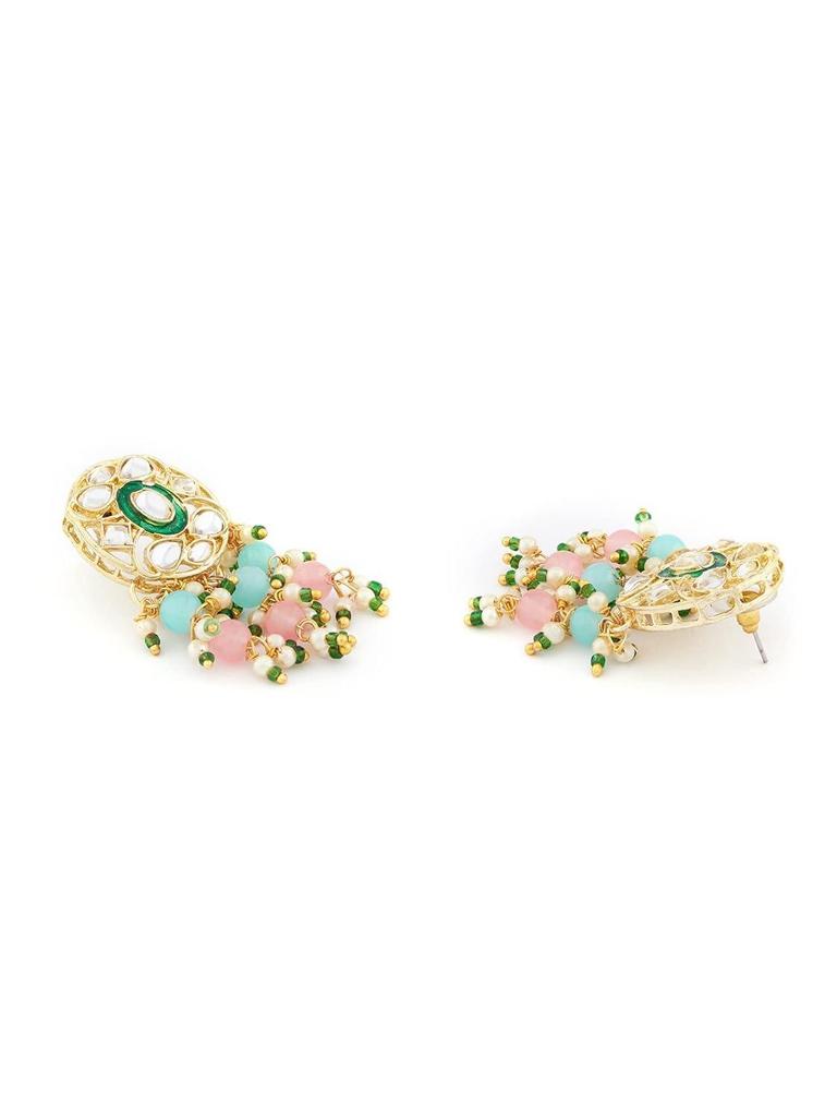 Rosa und Grüne Perlen Cluster Tropfen Kundan Choker Halskette Ohrringe und Ring Set für Damen