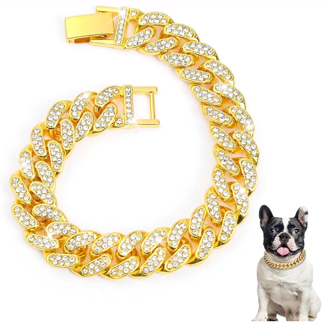 15mm Gold Hundekette Halsband Luxus Diamant Kubanische Gliederkette Kristall Halskette Langlebiges Hundehalsband für Kleine Mittlere Große Hunde Katzen