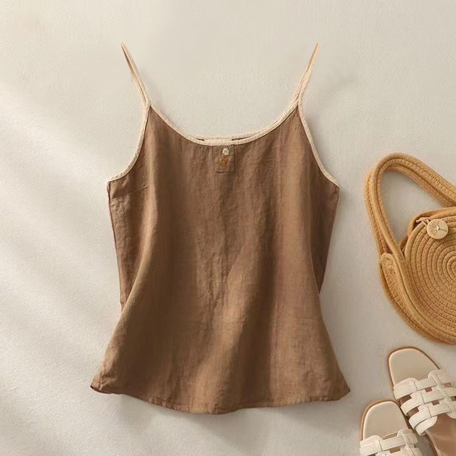 

Женский топ-майка с V-образным вырезом и безрукавкой из хлопка и льна M кофейный