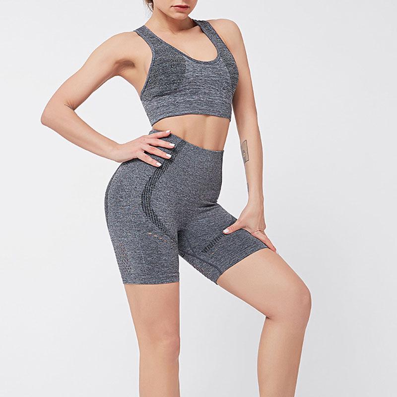 

Женский спортивный костюм для фитнеса, комплект из 2 предметов, тонкий укороченный топ + бесшовные шорты, спортивный костюм для активного отдыха L серый