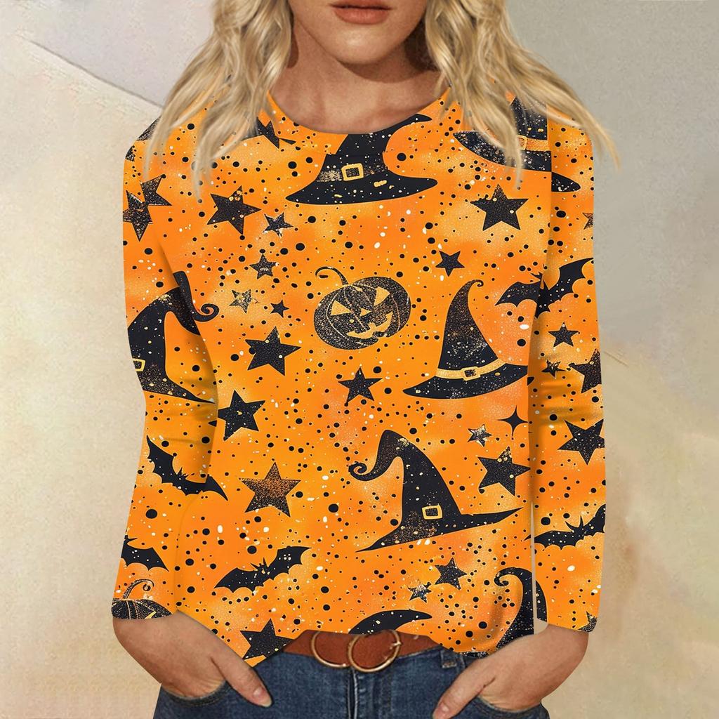 Modisches, lässiges Langarm-Oberteil mit Rundhalsausschnitt und Halloween-Print für Damen