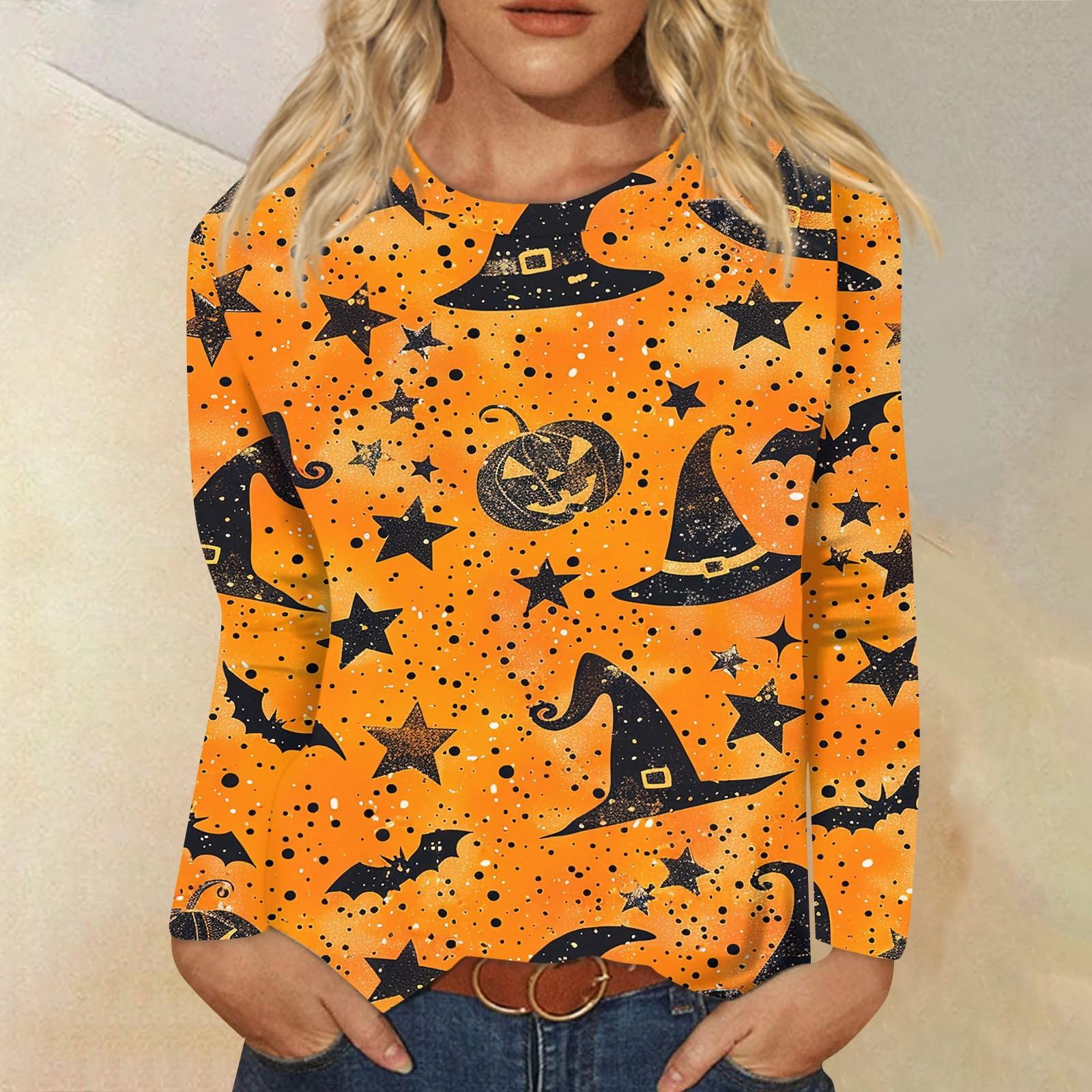 

Женская мода повседневная блузка с длинным рукавом и принтом на Хэллоуин с круглым вырезом L жёлтый