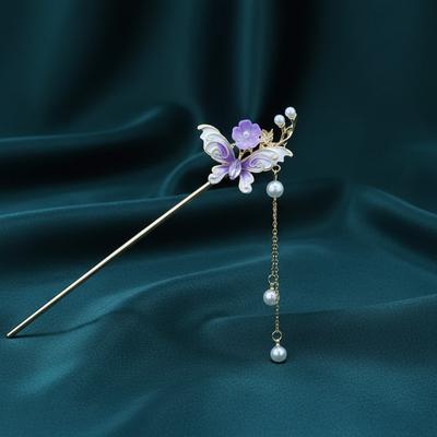 Elegant Butterfly Flower Hairpin Alloy Pearls Tassel Hanfu Alloy Hair Sticks Forks for Women Girls Ponytail Holder Hair Jewelry