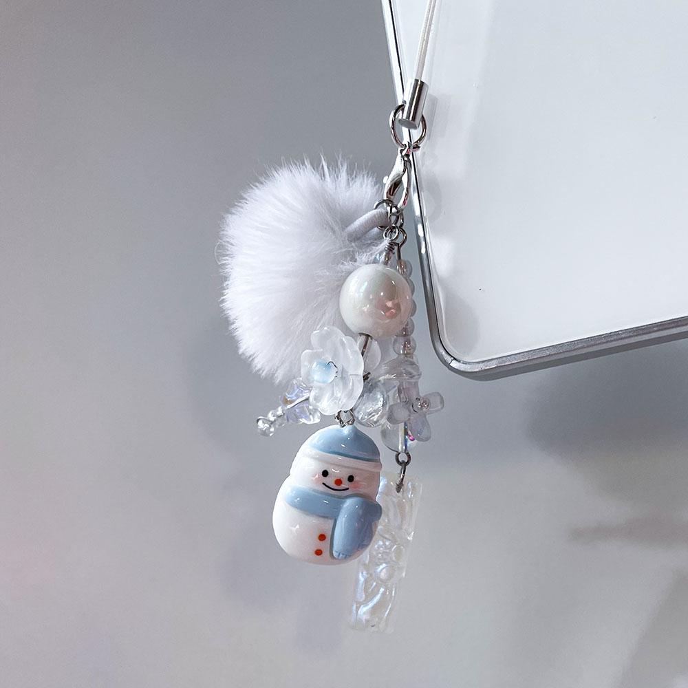 Niedliche Schneemann Handyanhänger Kette Weißer Pompon Blaue Blume Perle Winter Anhänger Fairy Core Schlüsselanhänger für Schultasche Kamera Weihnachtsgeschenk