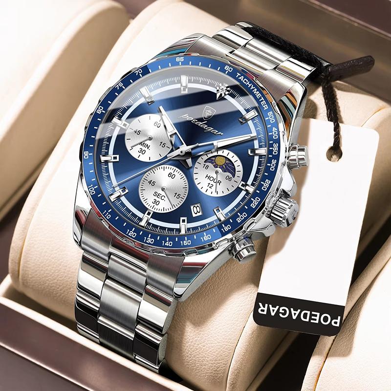Mens Watches Multifunctional Chronograph Watch For Men 30M Waterproof Luminous Moon Phase Quartz Wristwatches Box