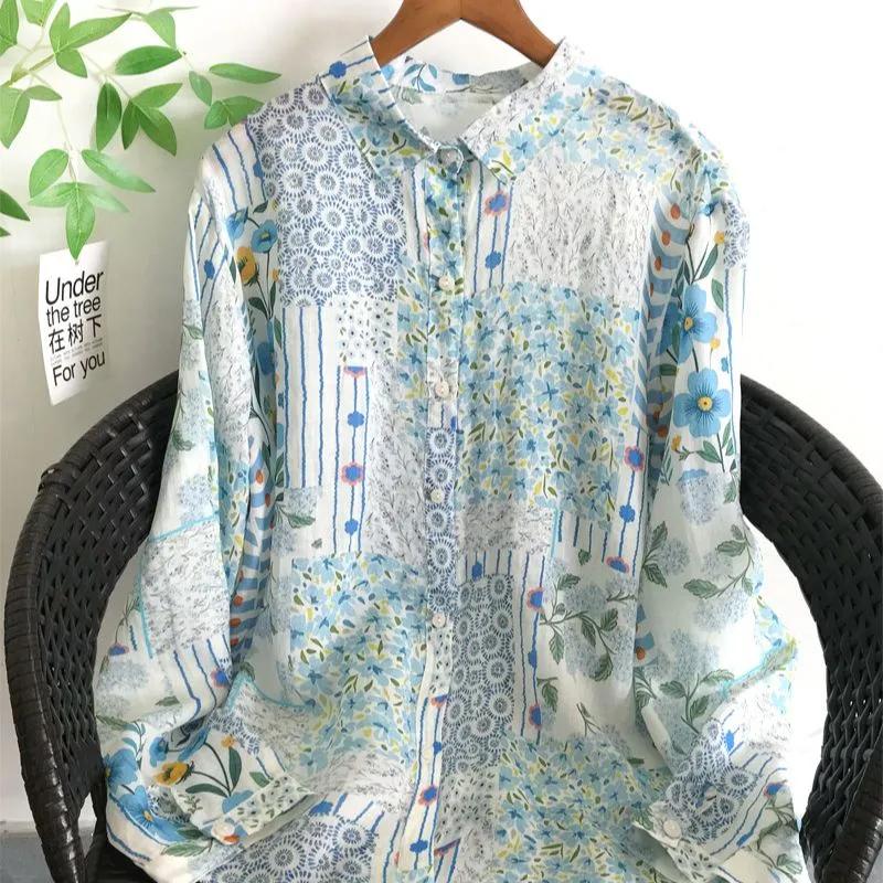 

Womens Blue Floral Patchwork Print Long Sleeve Casual Shirt S синий