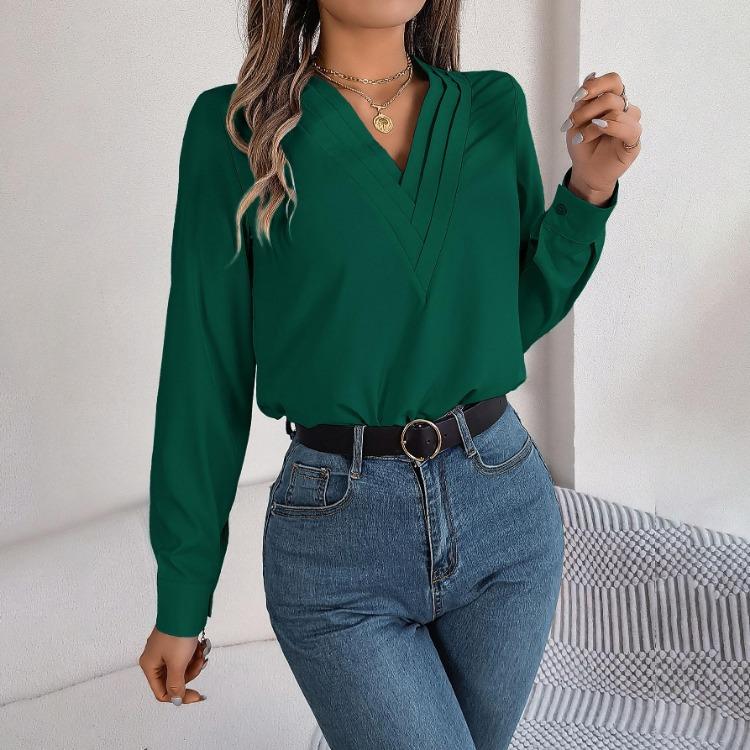 Dámská halenka s dlouhým rukávem a výstřihem do V, šifonový top, jednobarevné tričko, streetové oblečení, dámské tričko
