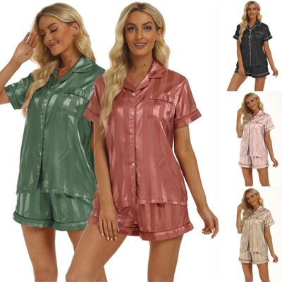 European and American Style Women's Summer Loungewear 2 Piece Short Sleeve Pajamas Set Striped Satin Home Wear