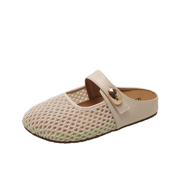 Flat-bottomed mesh yarn half-drag women's hollow and breathable sandals 2025 summer new models with skirts Baotou slippers