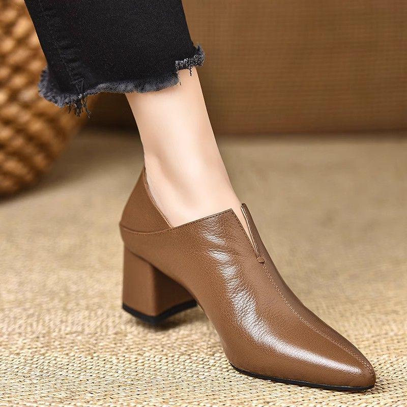 

2025 Women s Genuine Soft Leather Stiletto Pointed Toe Mid-Heel Formal Work Shoes Size 40 коричневый