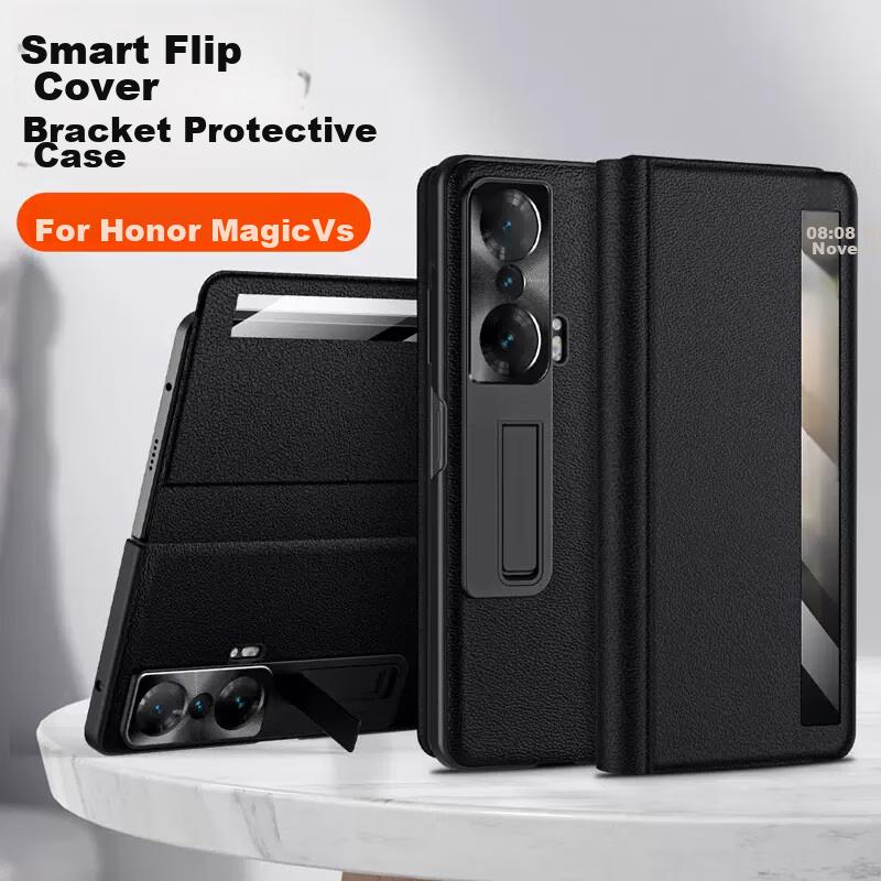 Foldable Protective Case for Honor Magic Vs, Full Protection Magnetic Stand Back Genuine Leather, Black