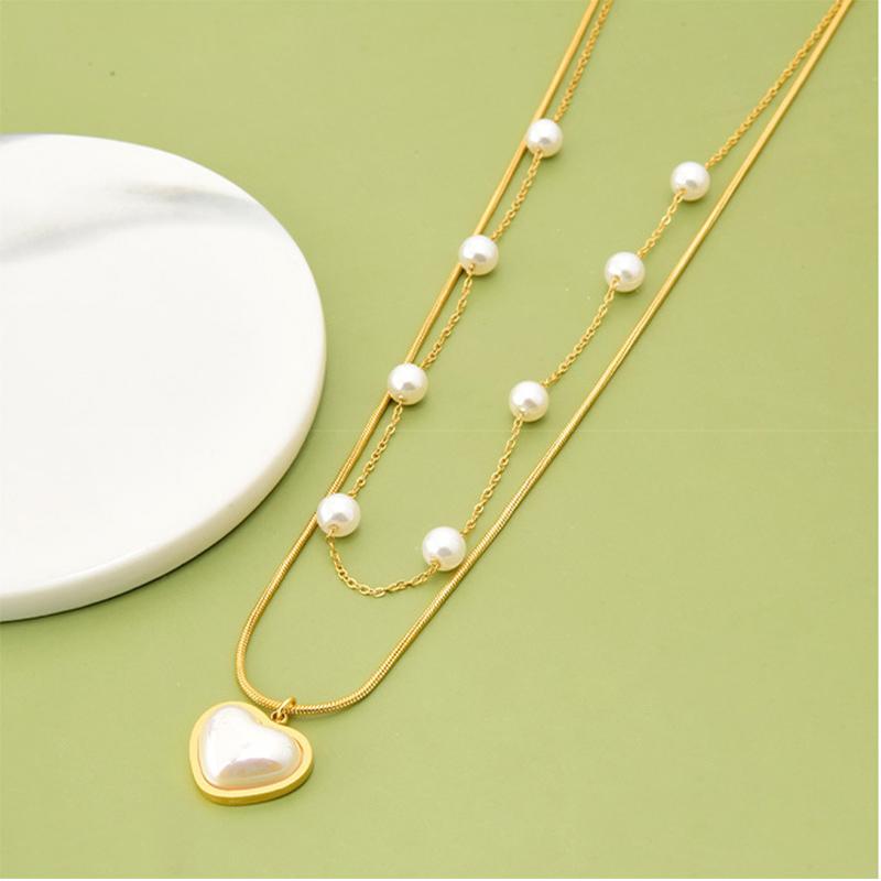 Stainless Steel New Romantic 2 Layer Pearl Heart Pendant Necklace For Women Girl Gift Trend Chain Fashion Jewelry Party