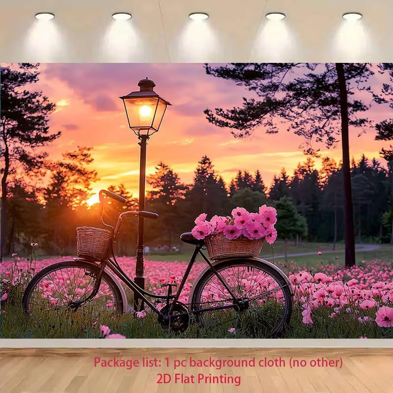 2D Dreamy Sunset Flower Tapestry, Bicycle with Pink Flowers in Meadow Wall Hanging 47.2x31.5inch/120*80cm